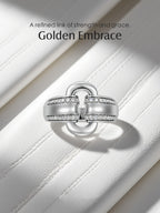Own Your Bloom moissanite link ring displayed on white textured background, capturing light and timeless radiance, Miami.