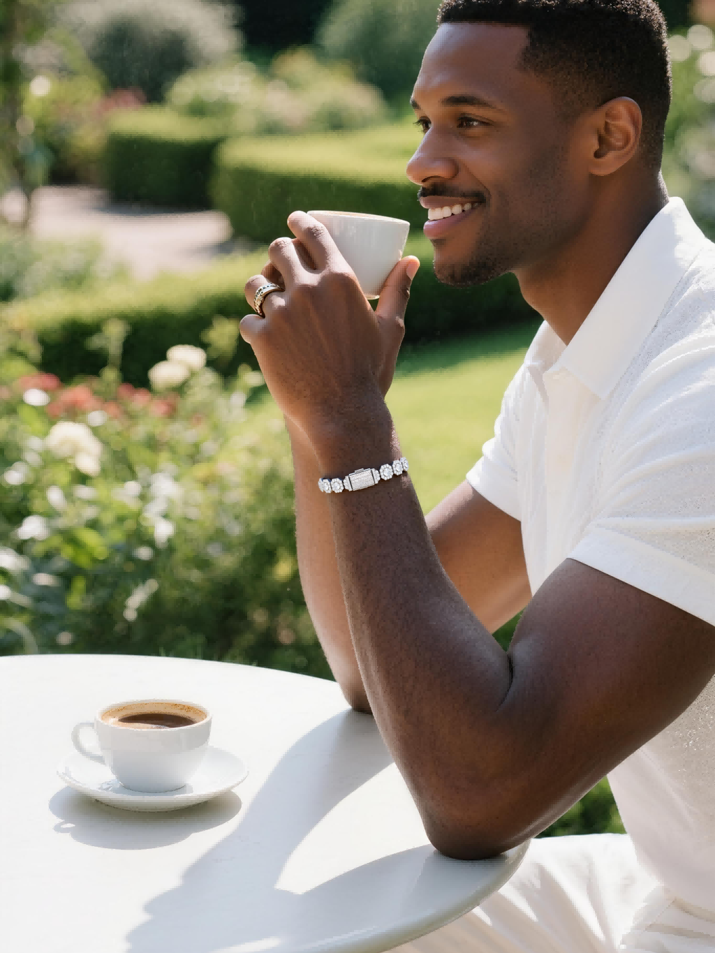 Own Your Bloom 14K diamond bracelet worn by man holding woman’s hand outdoors, symbol of connection and elegance, Chicago.
