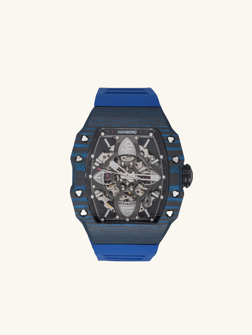 Own Your Bloom men’s 304 stainless steel mechanical watch with blue strap, angled product view on white, New York.