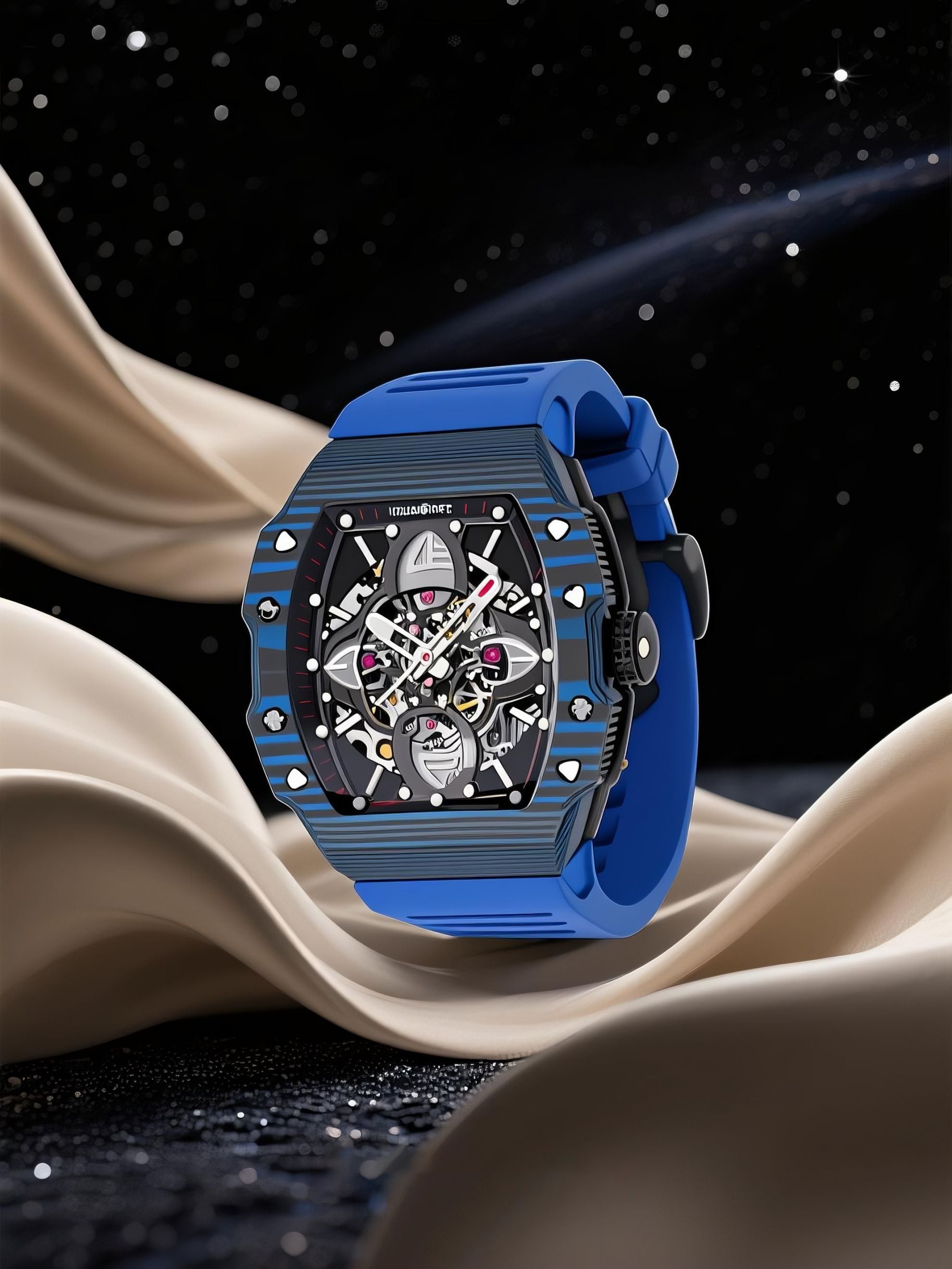 Own Your Bloom men’s skeleton mechanical watch with blue strap against space-inspired backdrop, lifestyle hero, Los Angeles.