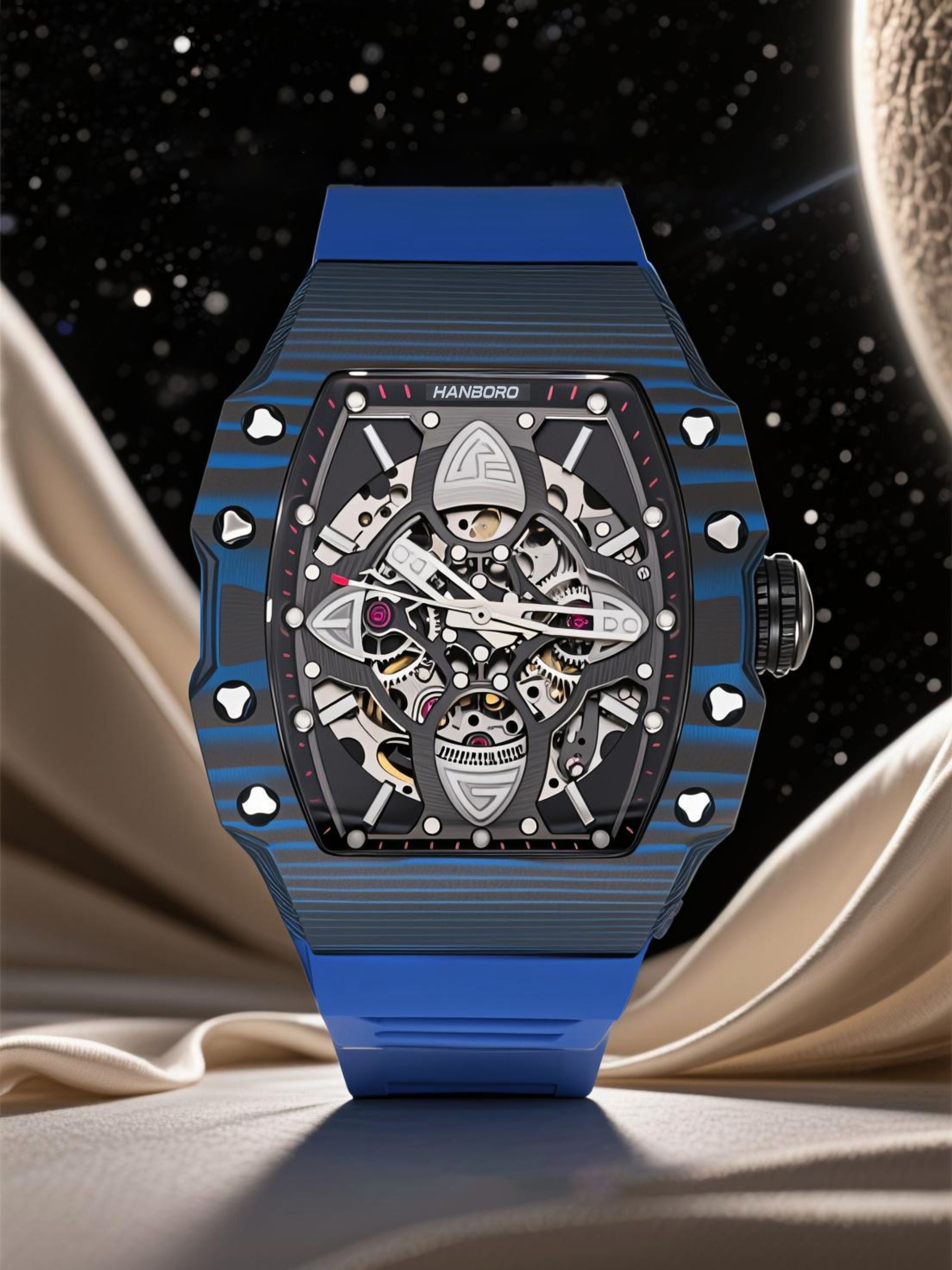 Own Your Bloom luxury 304 stainless steel mechanical watch in dramatic studio spotlight, lifestyle render, Miami.