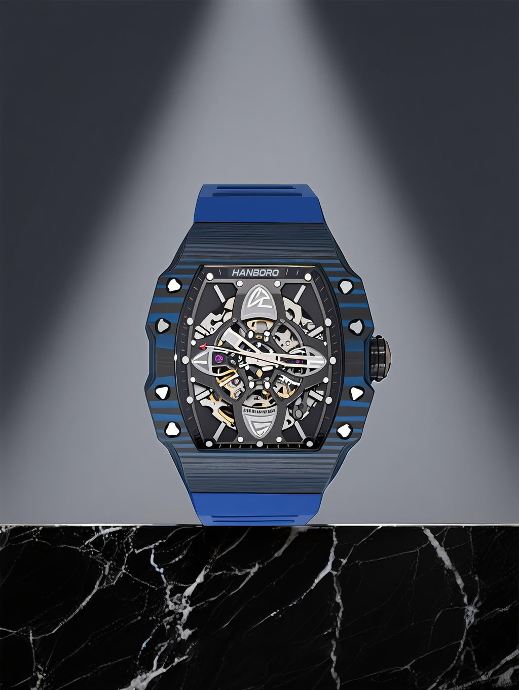 Own Your Bloom men’s mechanical watch displayed on marble pedestal under spotlight, lifestyle composition, Seattle.