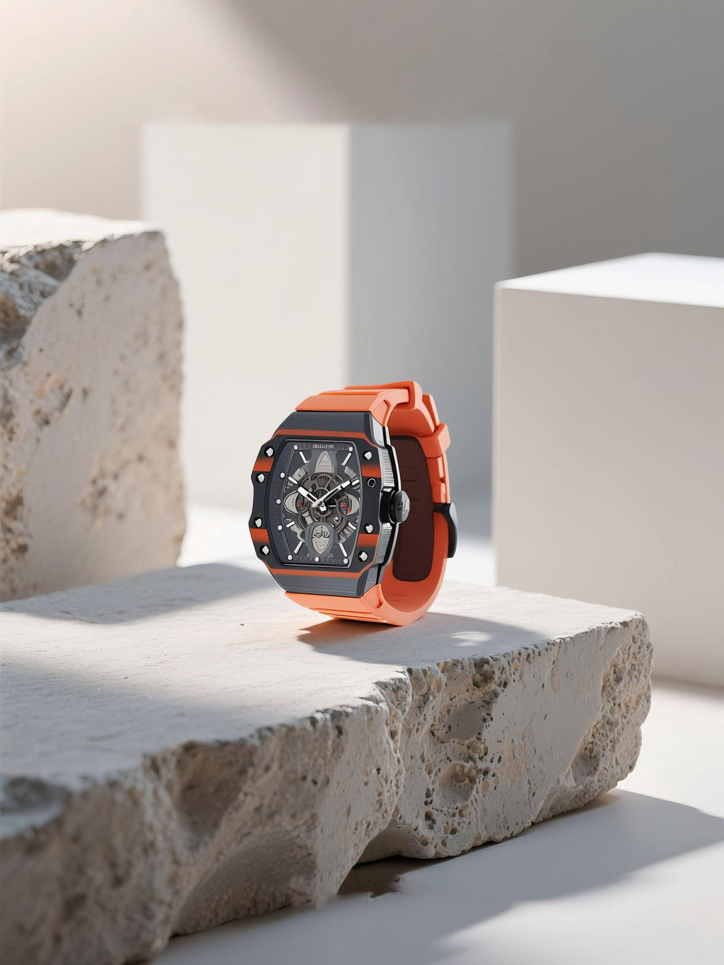 Own Your Bloom men’s skeleton automatic watch with orange strap displayed on stone pedestal, lifestyle studio scene, Los Angeles.