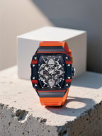 Own Your Bloom 304 stainless steel skeleton watch in minimalist architectural setup, lifestyle image, Miami.