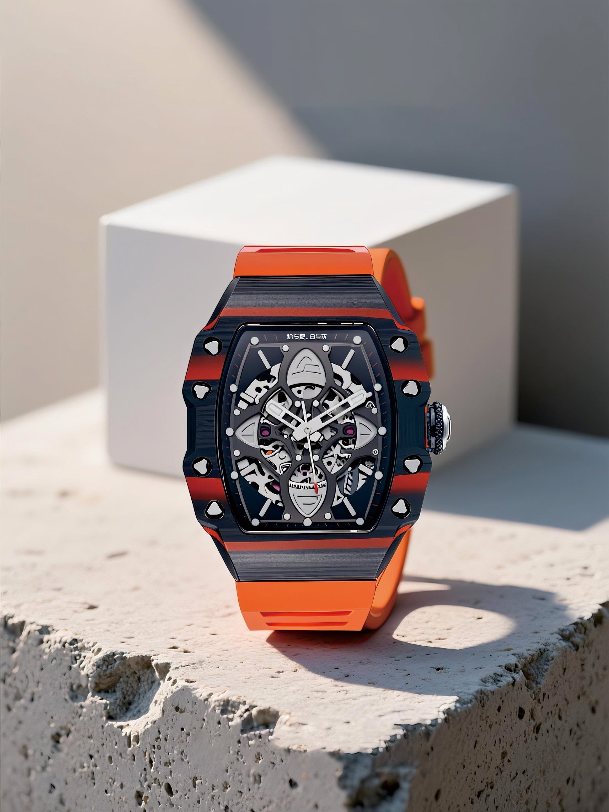 Own Your Bloom 304 stainless steel skeleton watch in minimalist architectural setup, lifestyle image, Miami.