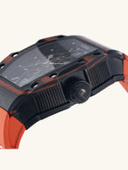 Own Your Bloom men’s skeleton automatic watch, side profile showing crown and case detail on white, San Francisco.