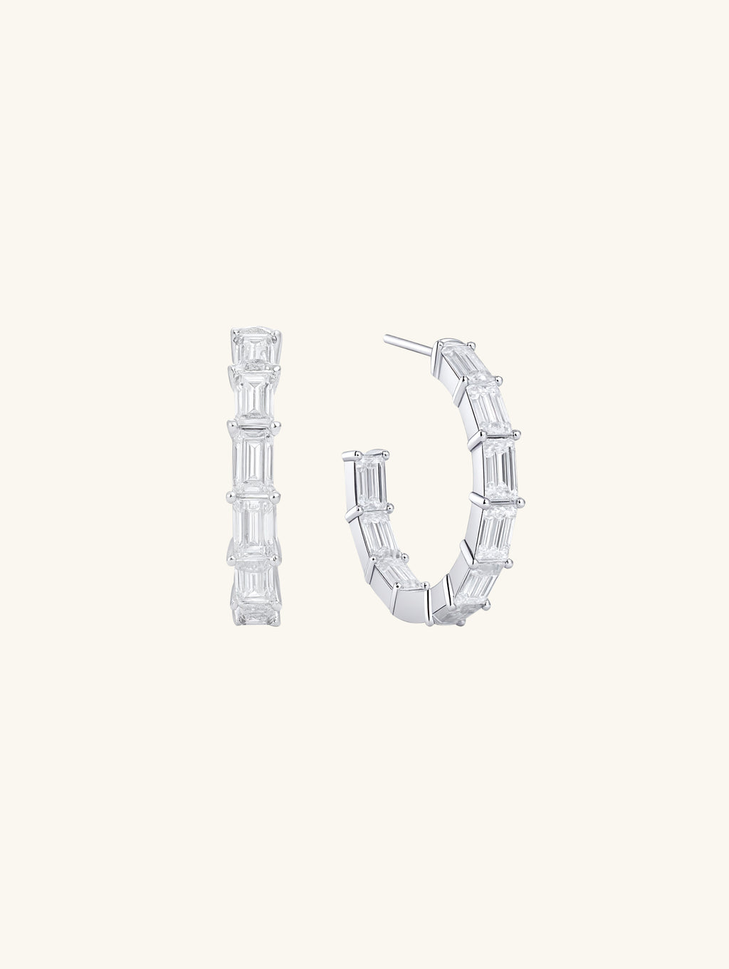 Own Your Bloom moissanite baguette hoop earrings front view in white gold, elegant rectangular-cut stones with timeless brilliance, New York.