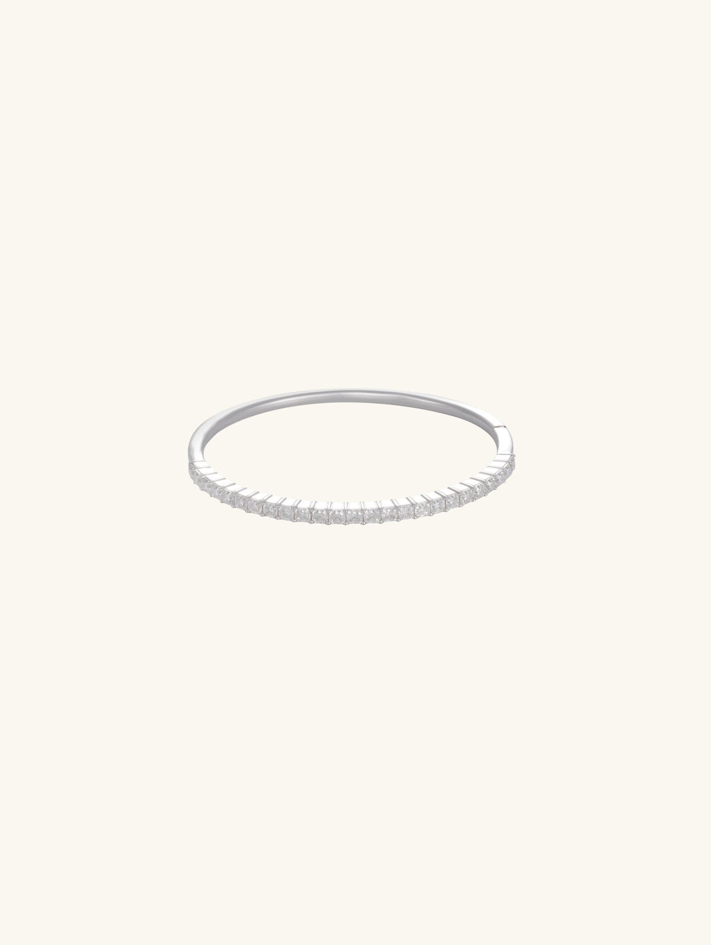 Own Your Bloom moissanite bangle tennis bracelet front view in white gold, minimalist fine jewelry design with sparkle brilliance, New York.