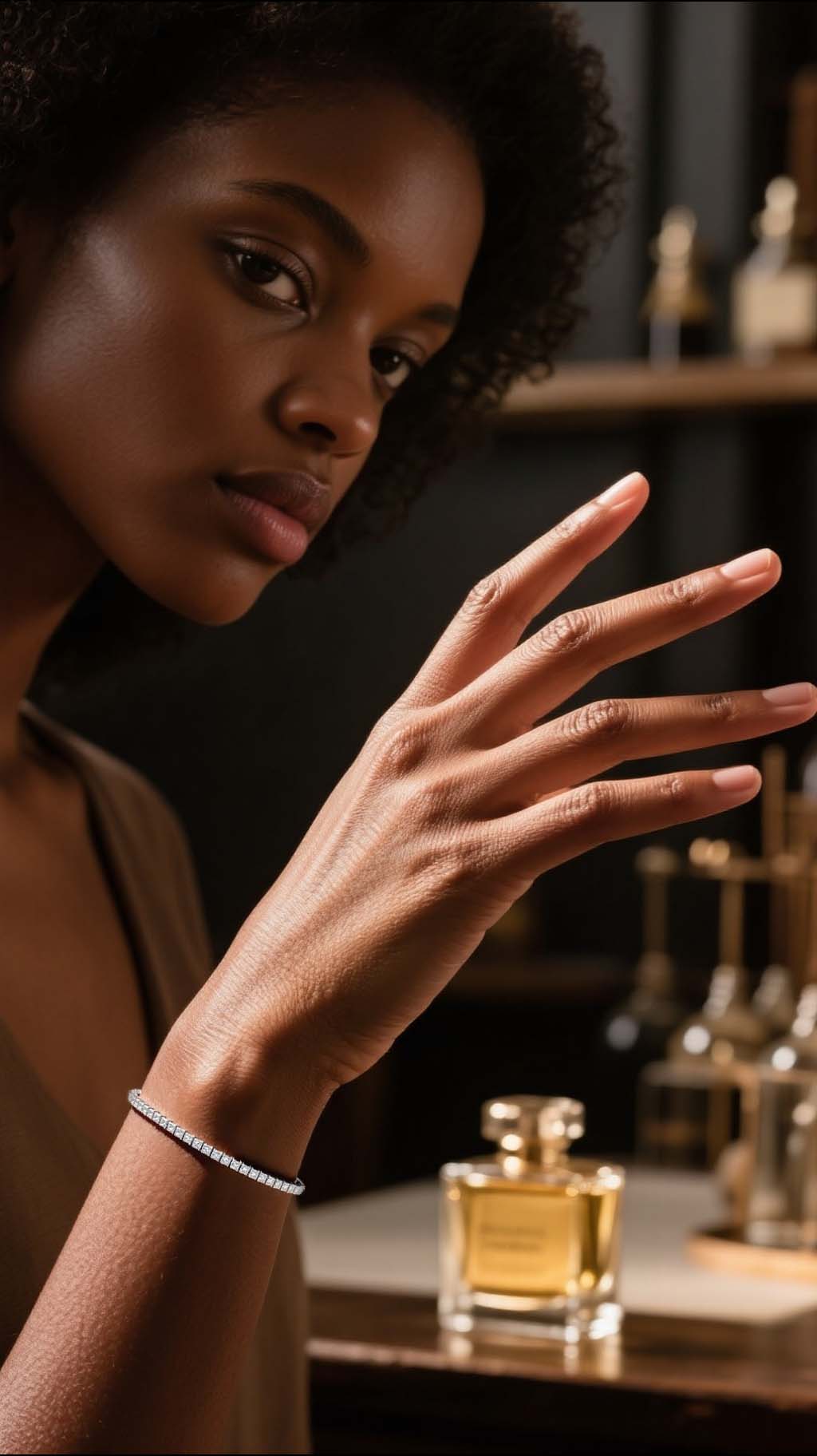 Own Your Bloom moissanite tennis bracelet on woman admiring perfume collection, refined sparkle and femininity, Los Angeles.
