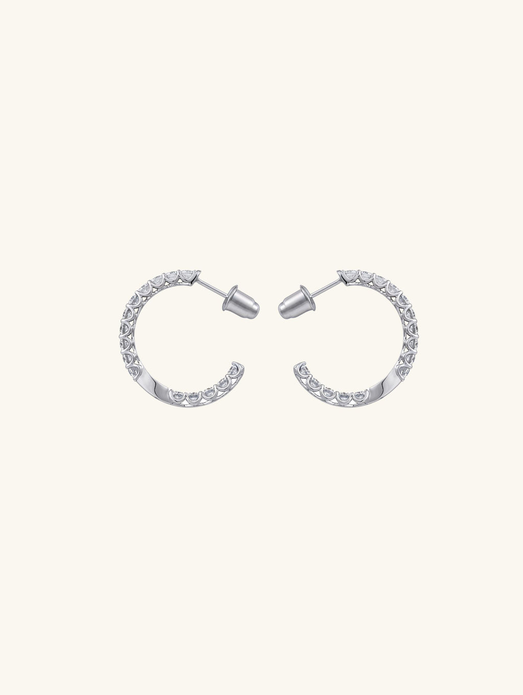 Own Your Bloom moissanite half hoop earrings front view in white gold, showcasing brilliant-cut moissanite stones in sleek half circle design, New York.