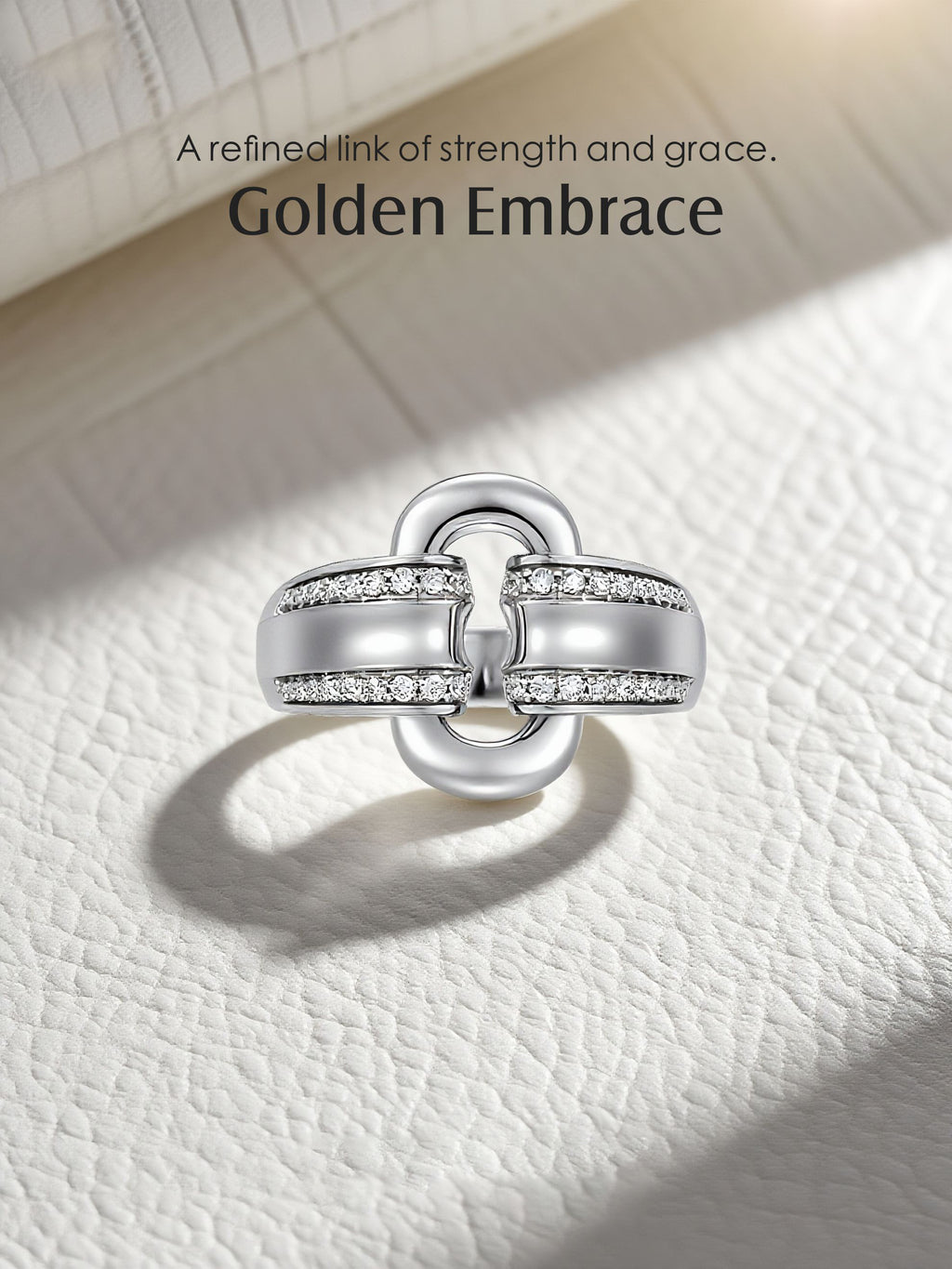 Own Your Bloom moissanite link ring under natural sunlight with reflective highlights, chic sophistication, Dallas.