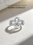 Own Your Bloom moissanite link ring under natural sunlight with reflective highlights, chic sophistication, Dallas.