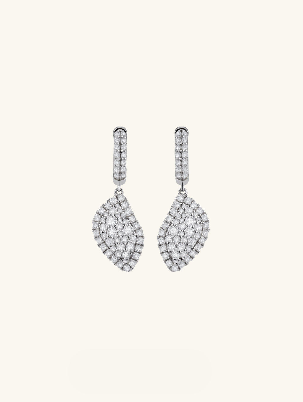 Own Your Bloom moissanite radiant drape drop earrings front view in white gold, showcasing leaf-inspired shape and cascading brilliance, New York.