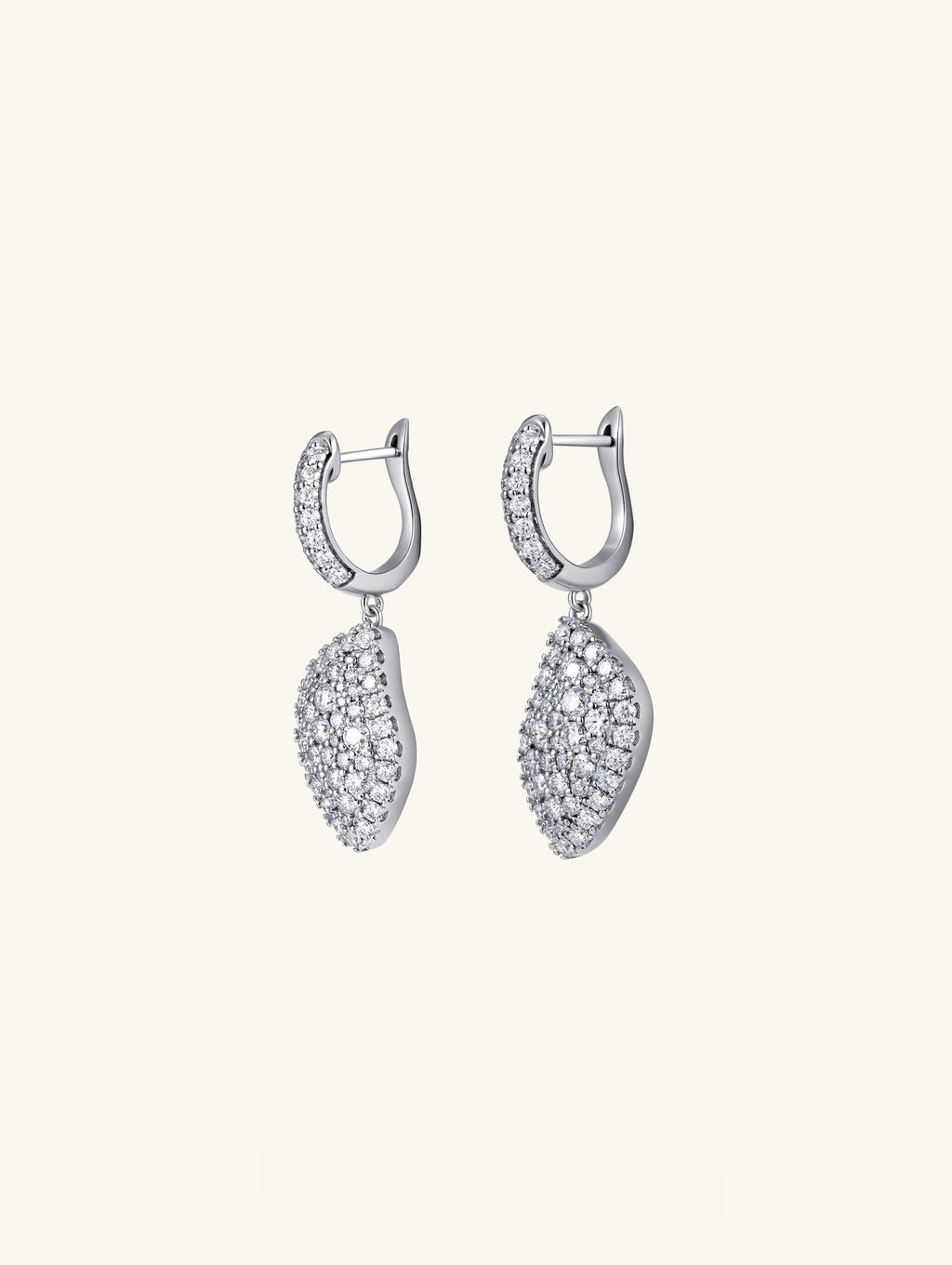 Own Your Bloom radiant drape moissanite drop earrings detailed close-up showing intricate diamond pattern craftsmanship, Chicago.