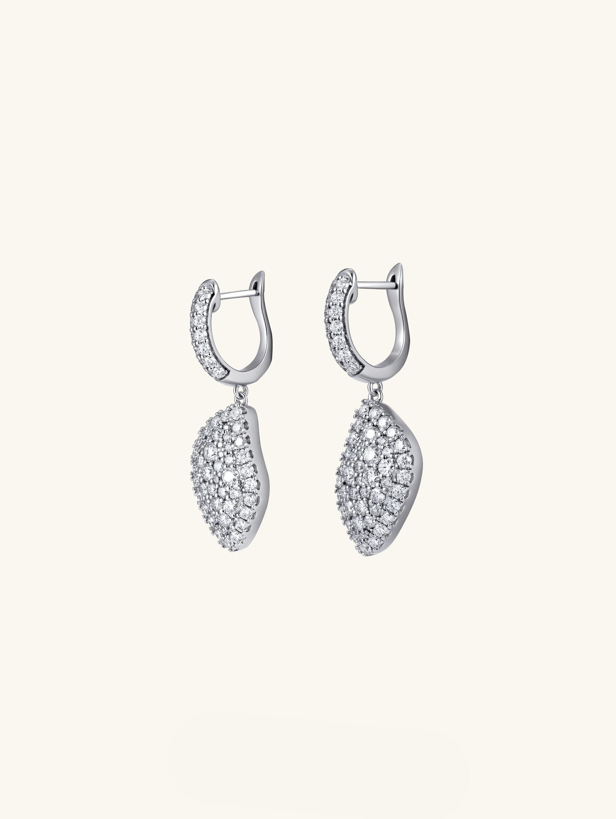 Own Your Bloom radiant drape moissanite drop earrings detailed close-up showing intricate diamond pattern craftsmanship, Chicago.