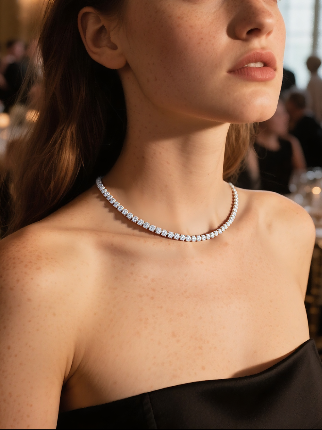 Own Your Bloom moissanite tennis necklace on woman with classic black dress, refined and timeless luxury, Los Angeles.