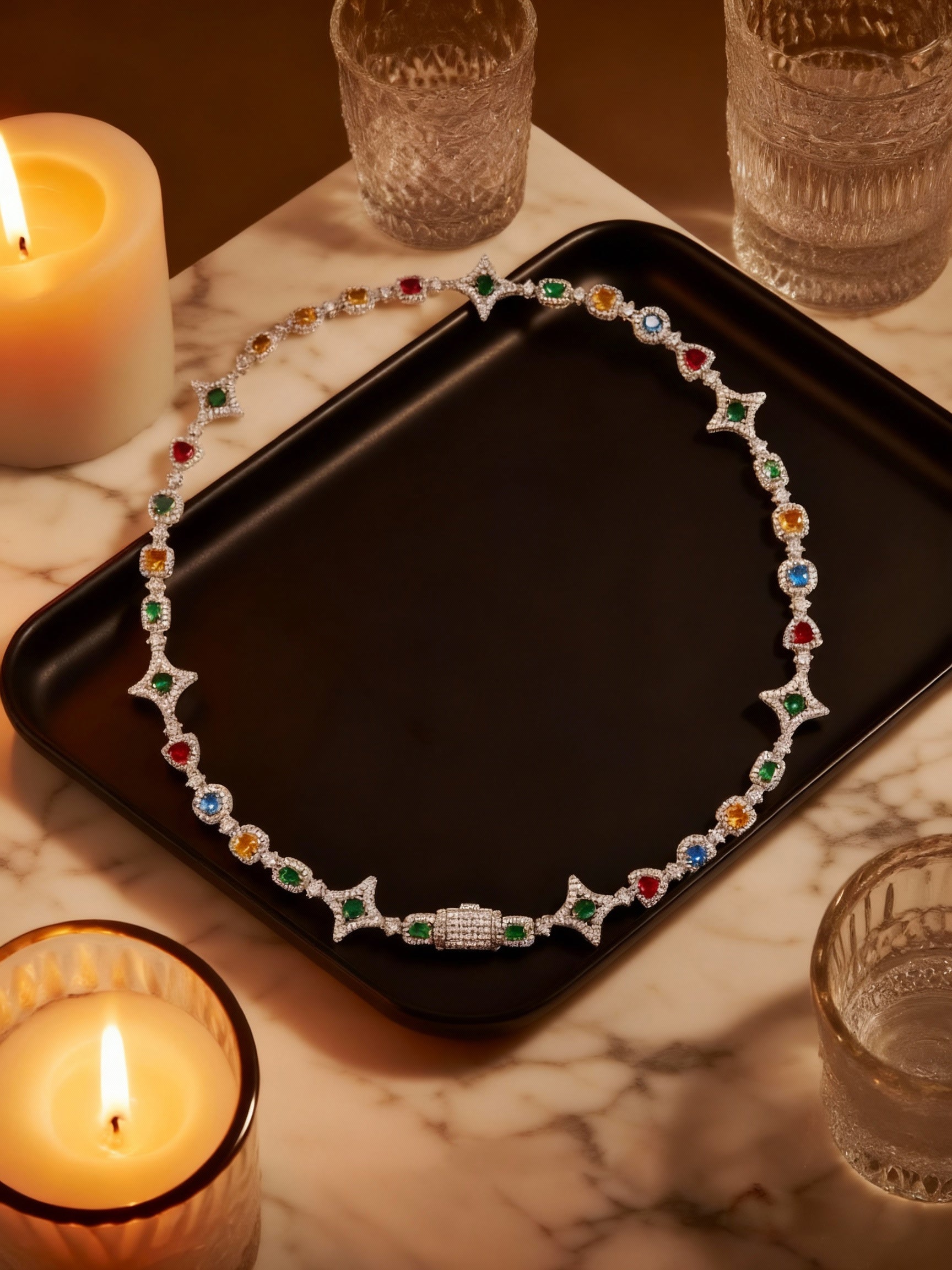 Own Your Bloom 14K gold multicolor diamond necklace sparkling in natural sunlight, elegant modern jewelry style, Dallas.