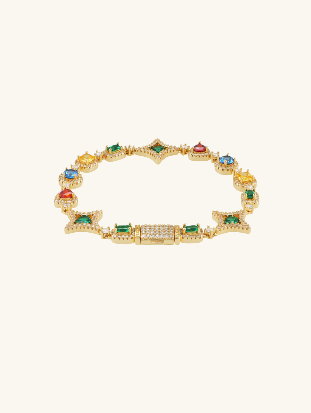 Own Your Bloom 14K gold bracelet with multicolor gemstones and diamonds, flat lay on clean white background, Chicago.