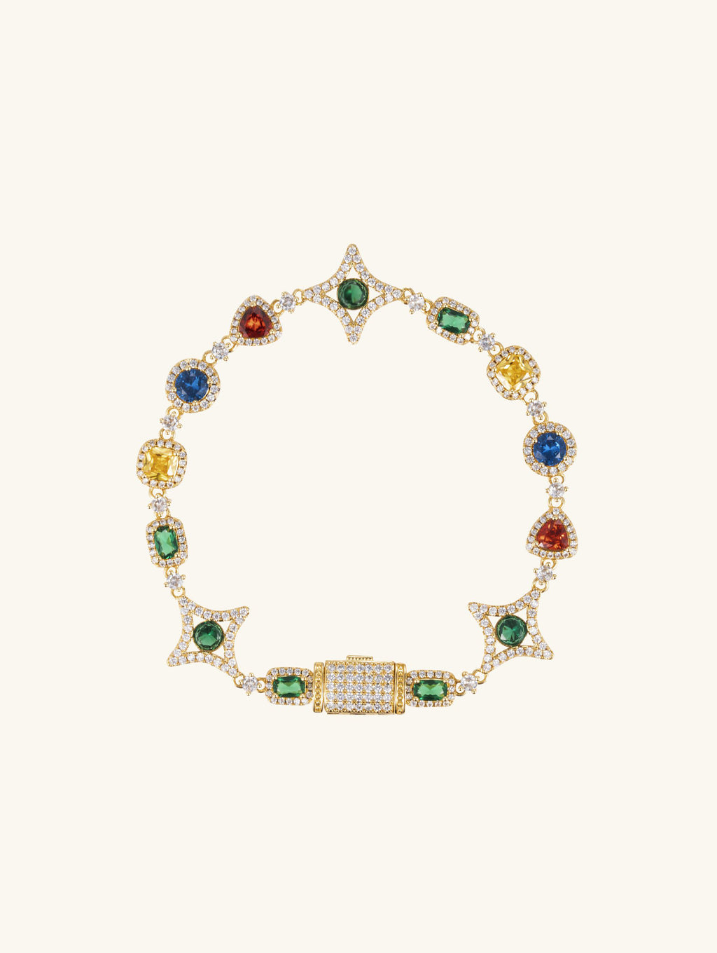Own Your Bloom multicolor diamond 14K gold bracelet, front product view on white background, New York.