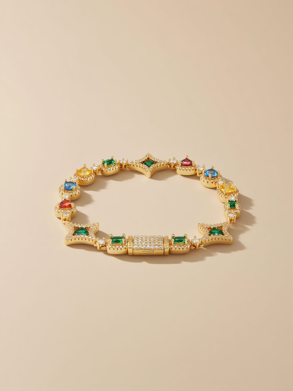 Own Your Bloom 14K gold multicolor diamond bracelet in soft golden light, minimal studio setup, Miami.