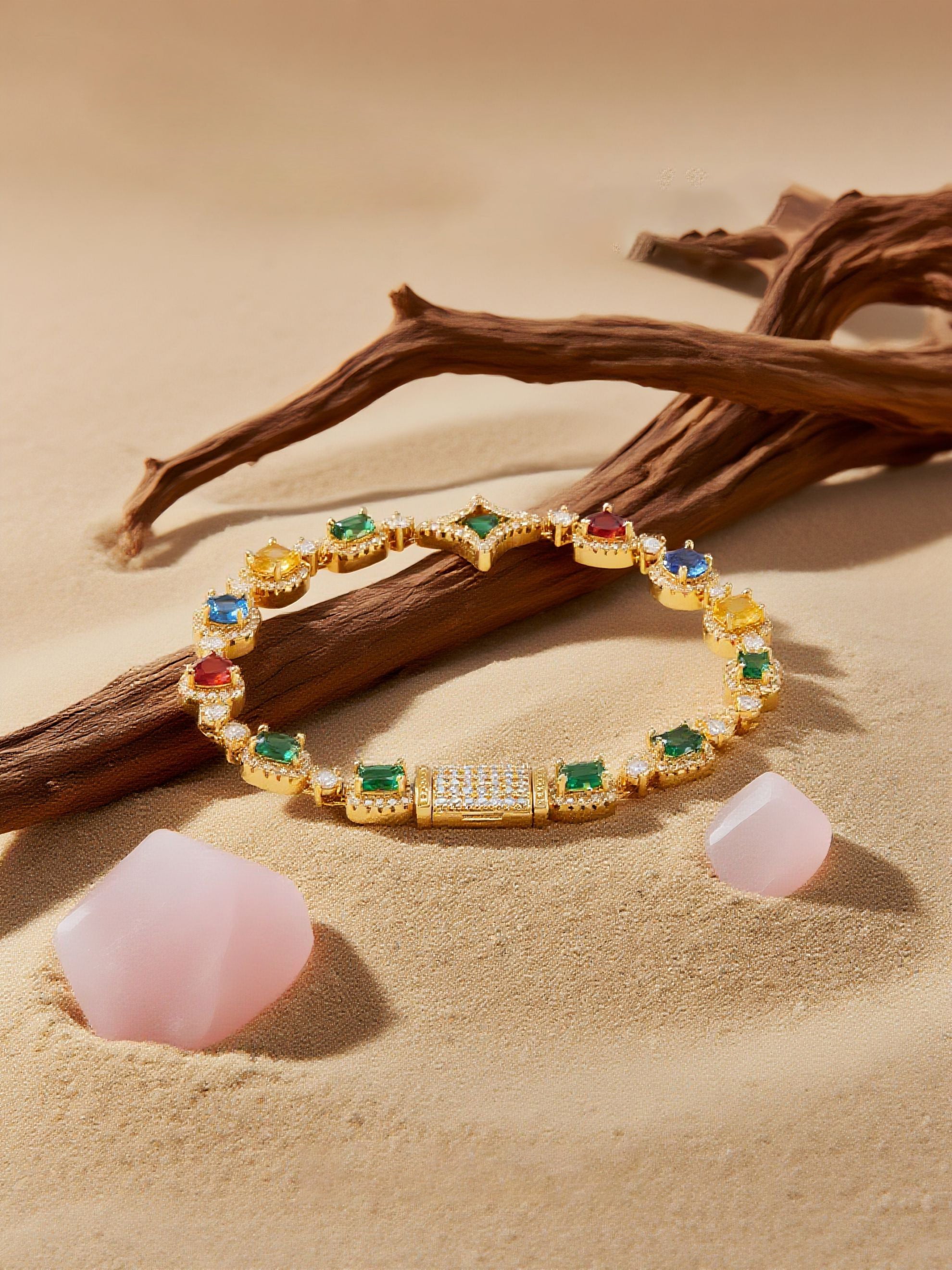 Own Your Bloom 14K multicolor diamond bracelet placed on stone surface with elegant shadow lighting, Seattle.