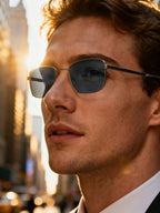 Own Your Bloom men’s aerospace-grade business sunglasses with blue lenses, professional and confident outdoor portrait, Miami.