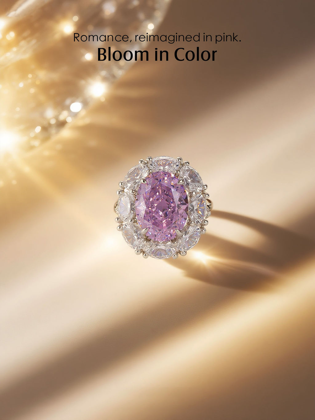 Own Your Bloom oval pink diamond ring, lifestyle scene with soft sunbeam and shadow, Miami.