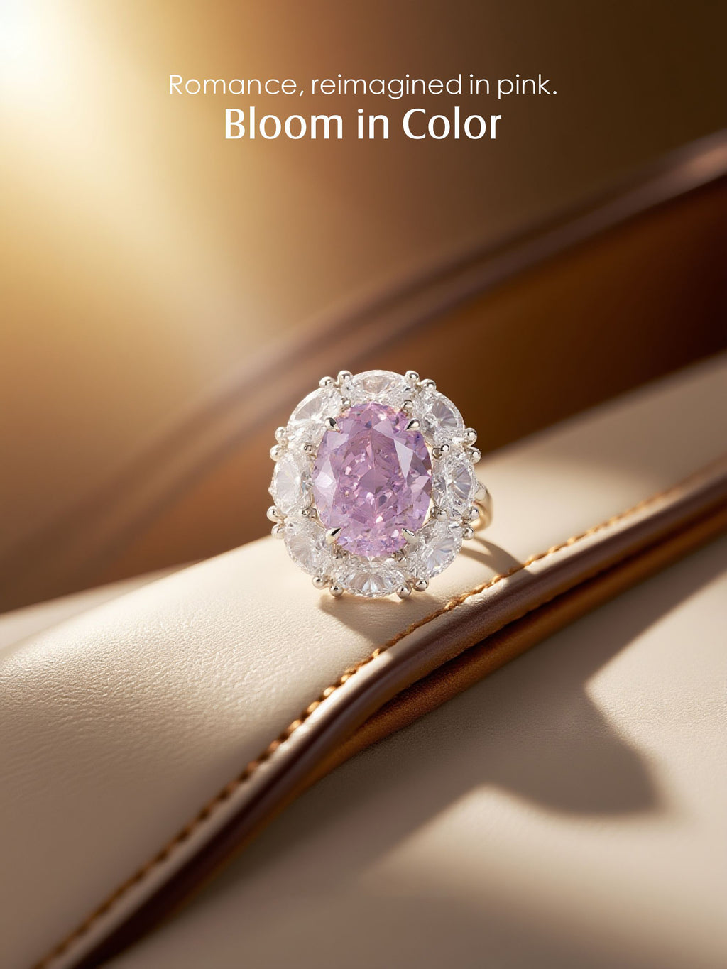 Own Your Bloom oval pink diamond ring, lifestyle image with sparkling reflection, San Francisco.