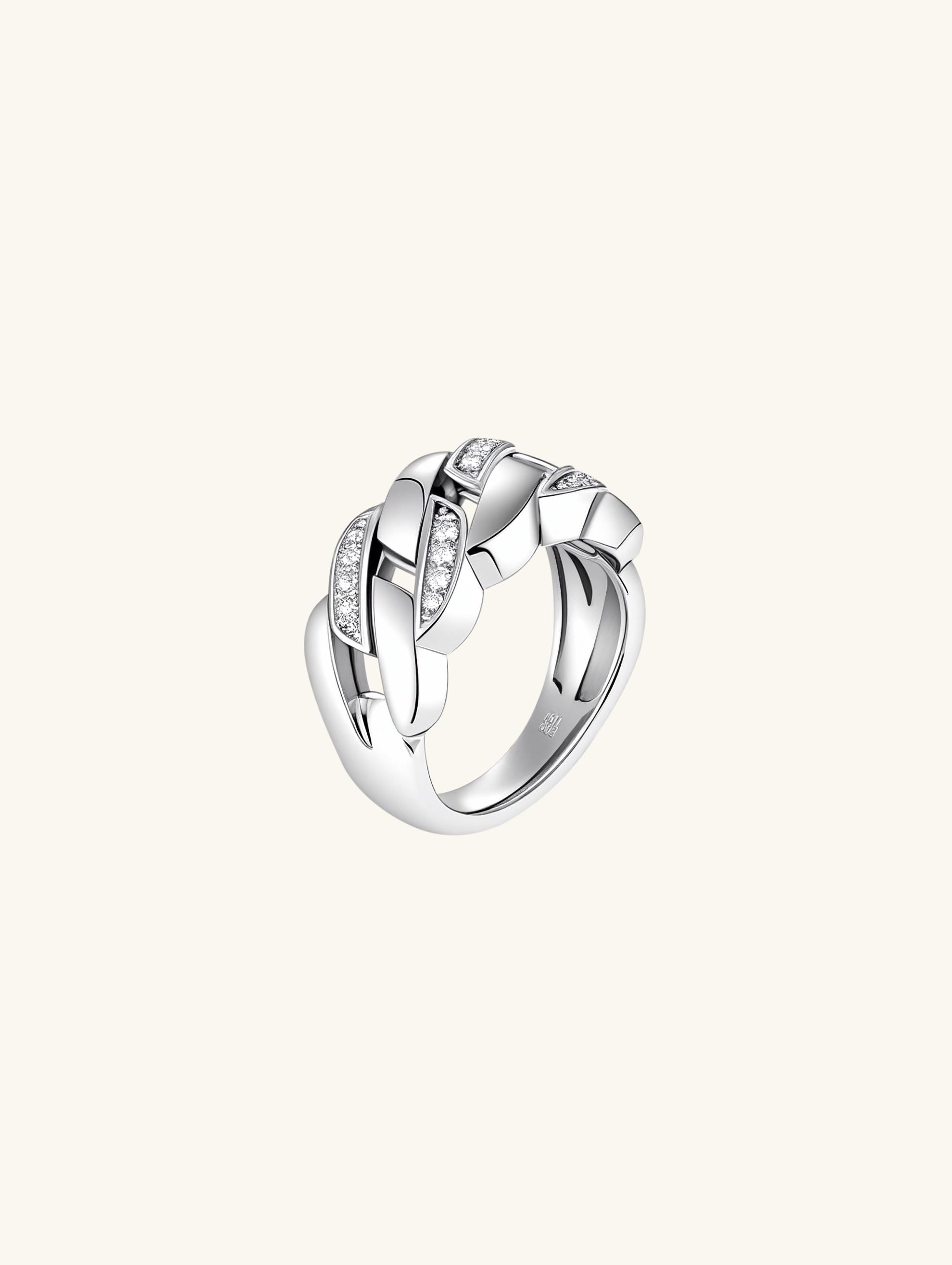 Own Your Bloom pavé Cuban link chain ring front view in sterling silver with diamond inlay, luxury jewelry, New York.