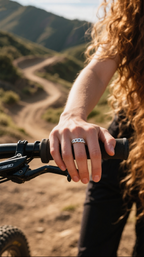 Own Your Bloom silver Cuban link chain ring on man’s hand biking outdoors, casual luxury men’s jewelry, Los Angeles.