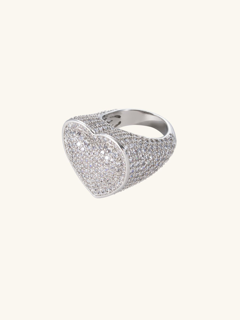Angled view of Own Your Bloom 14K white gold–plated pavé heart ring on white background.