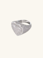 Angled view of Own Your Bloom 14K white gold–plated pavé heart ring on white background.