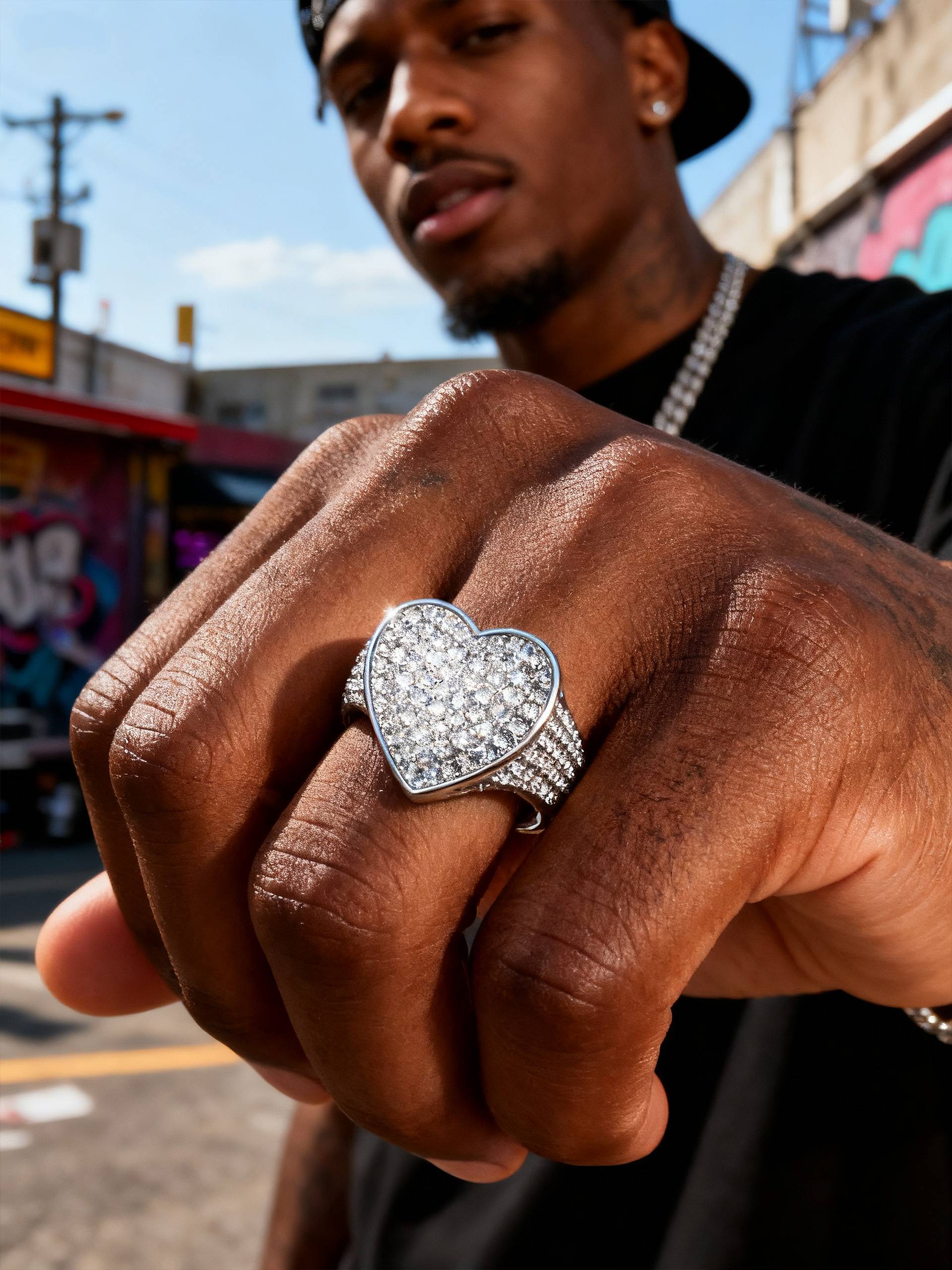 rban close-up of Own Your Bloom white gold–plated pavé heart ring with multi-row pavé band.