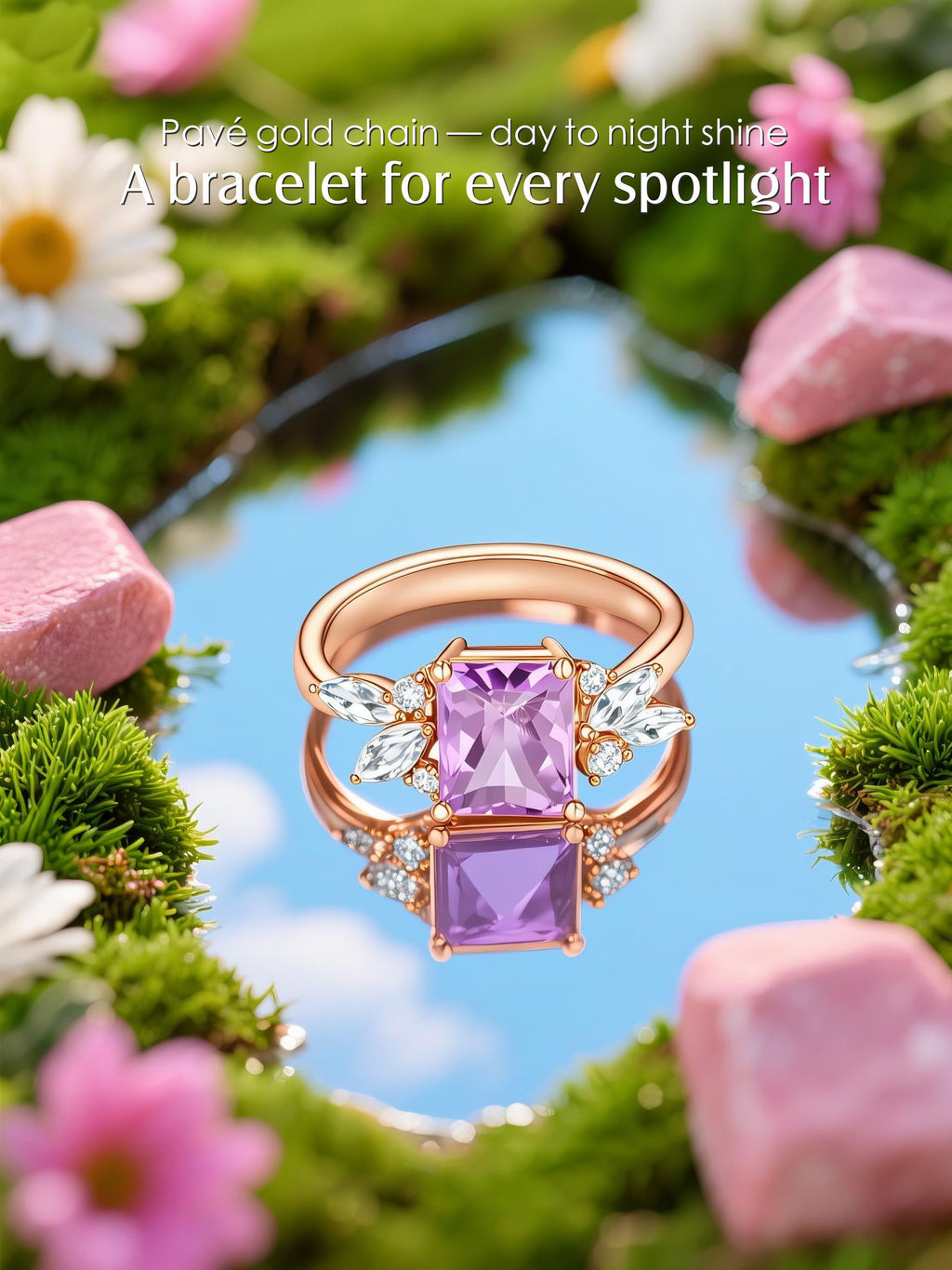 Own Your Bloom diamond Pink Treasure Wings ring displayed among flowers, luxury jewelry artistic photography, San Diego.