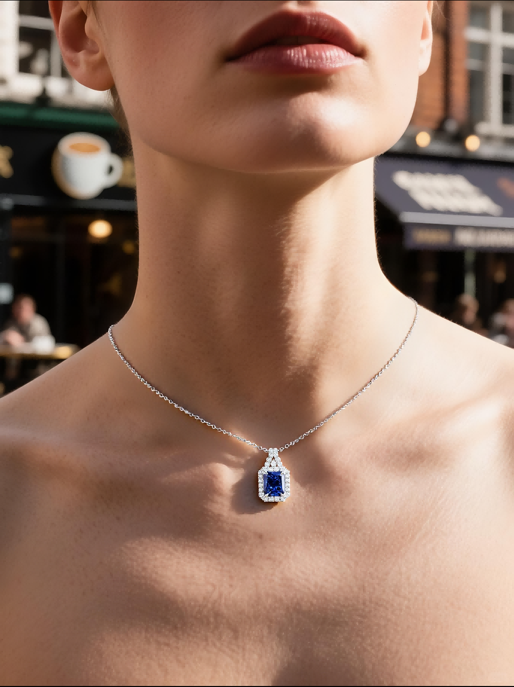 Own Your Bloom blue sapphire halo pendant necklace on woman in modern city street setting, luxurious gemstone jewelry, Miami.