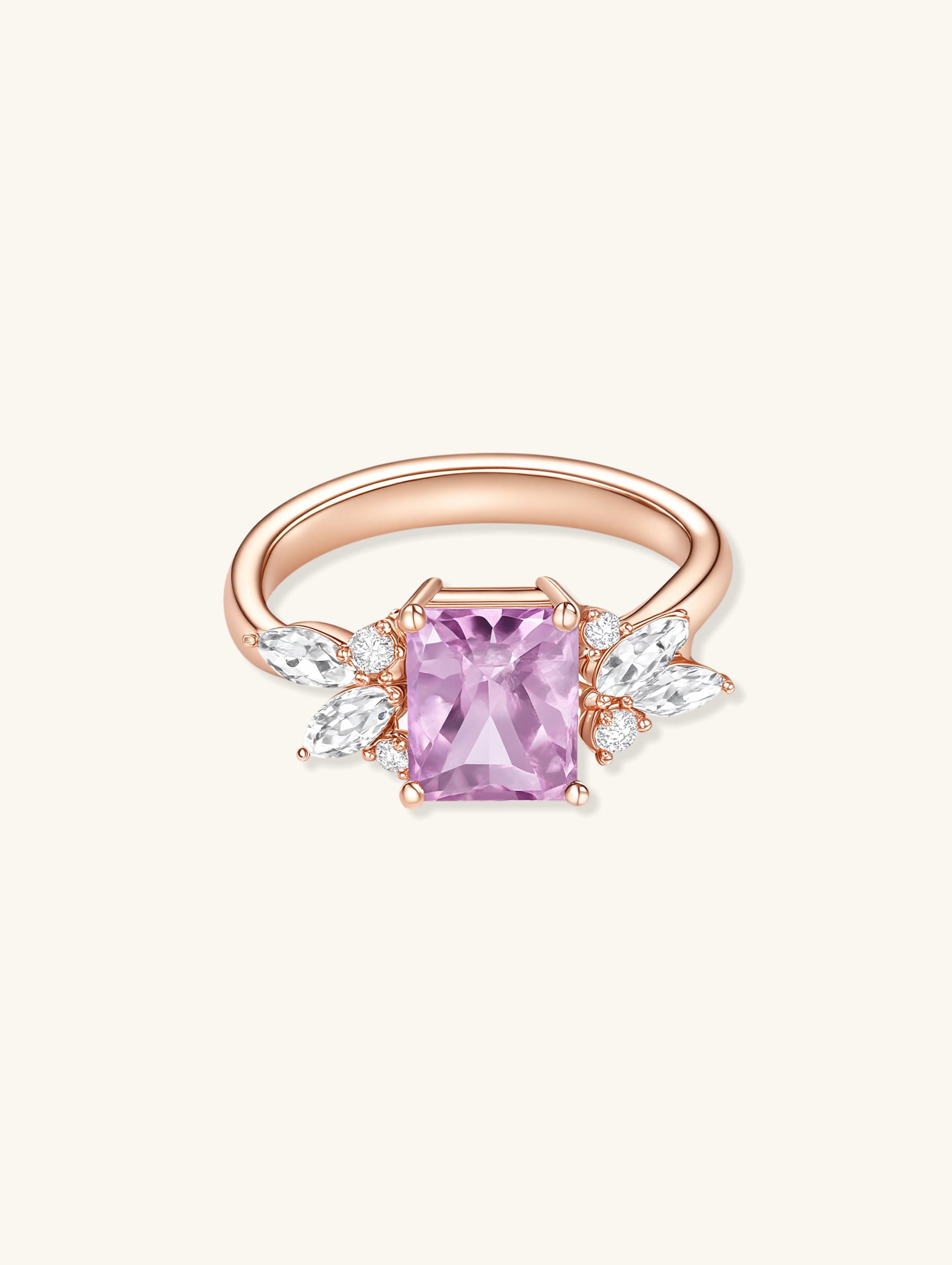 Own Your Bloom 14K rose gold diamond ring side profile, elegant pink gemstone with sparkling marquise diamonds, Los Angeles.