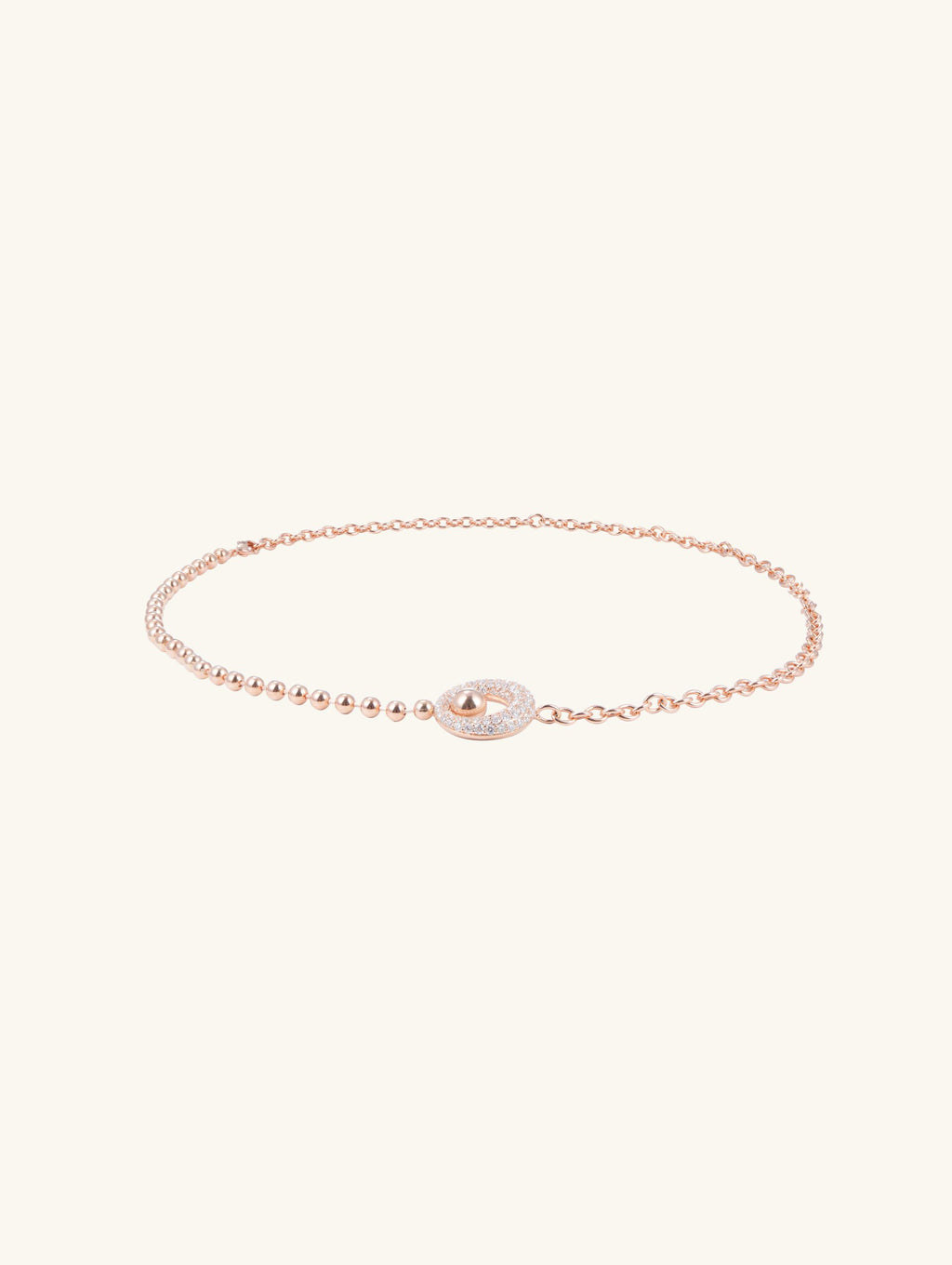 Own Your Bloom Rose Gold Bead Satellite Chain Necklace side angle featuring polished rose gold and modern circle pendant, Los Angeles.
