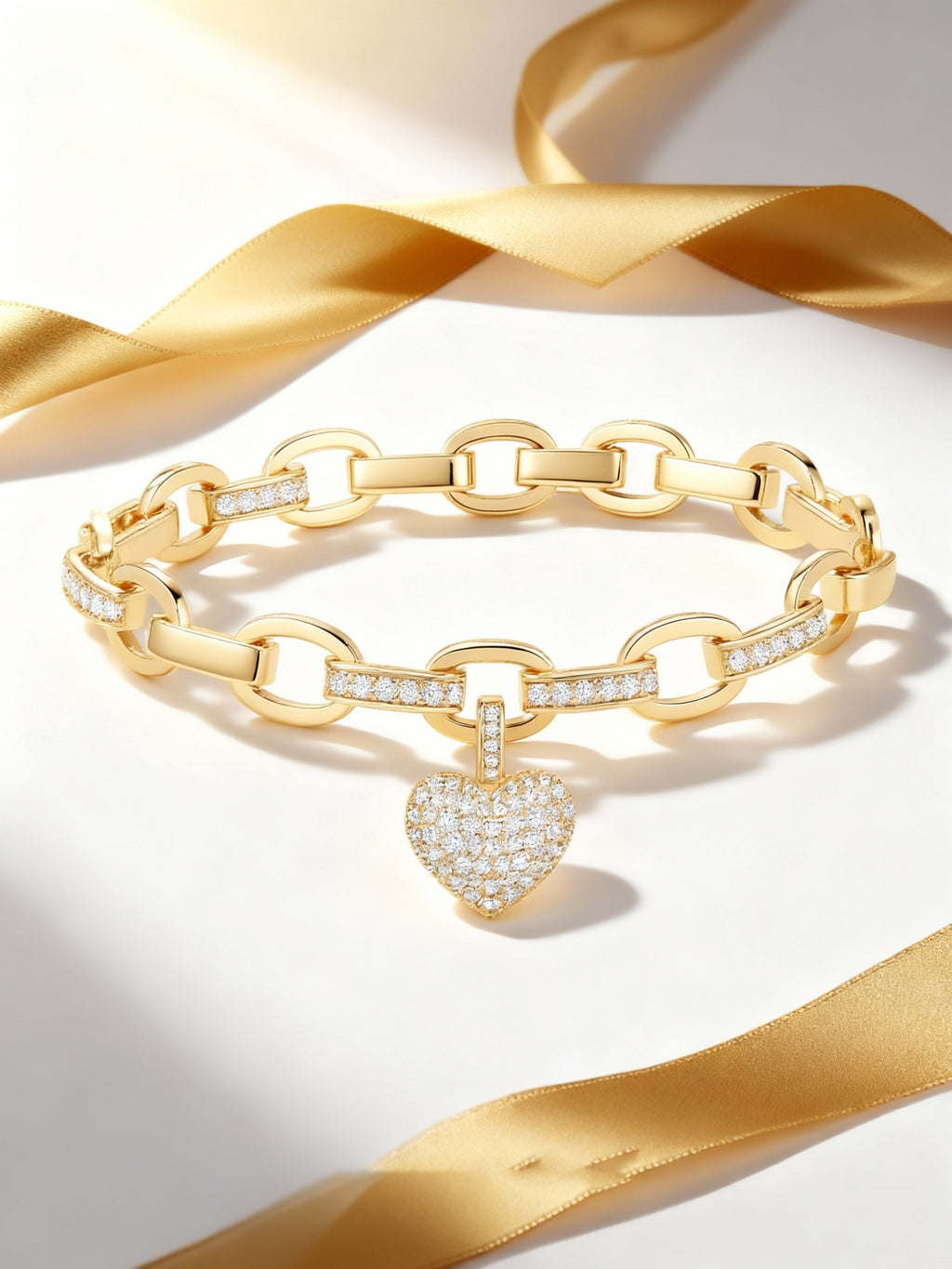 Own Your Bloom Heart Charm Chain Bracelet flatlay composition with soft light reflection and romantic golden tone, Dallas.