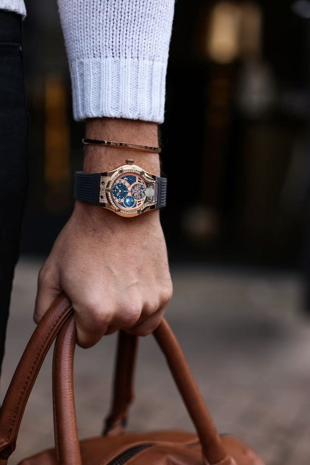 Own Your Bloom Starry Machine Rose Gold Watch displayed among dark rocks and blue background, symbolizing cosmic luxury, Miami.