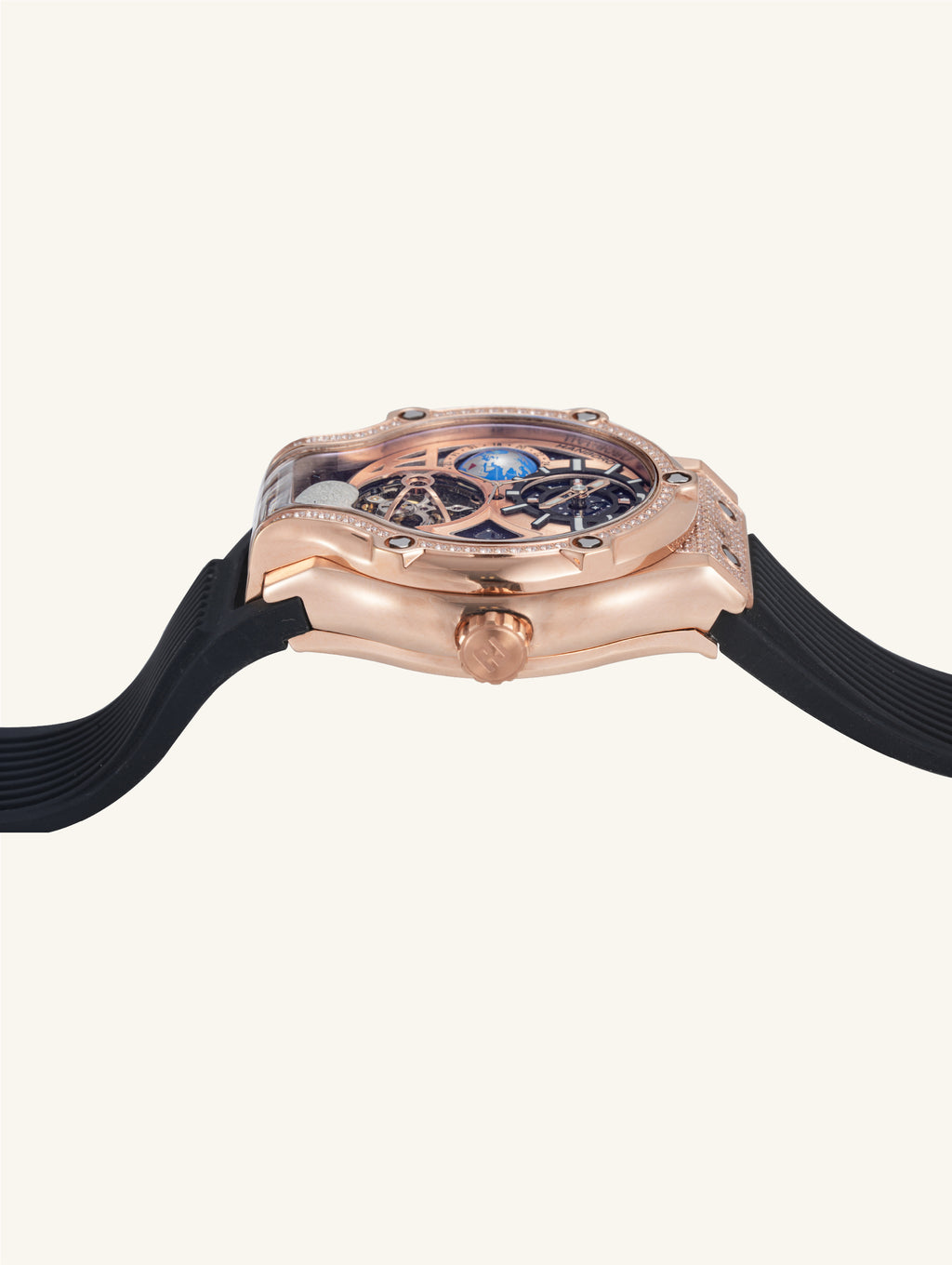 Own Your Bloom Starry Machine Rose Gold Watch top view displaying starry blue dial and luxurious craftsmanship, Chicago.