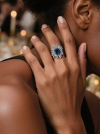 Own Your Bloom Blue Sapphire Floral Ring worn by woman in elegant setting, reflecting confidence and refined allure, Miami.