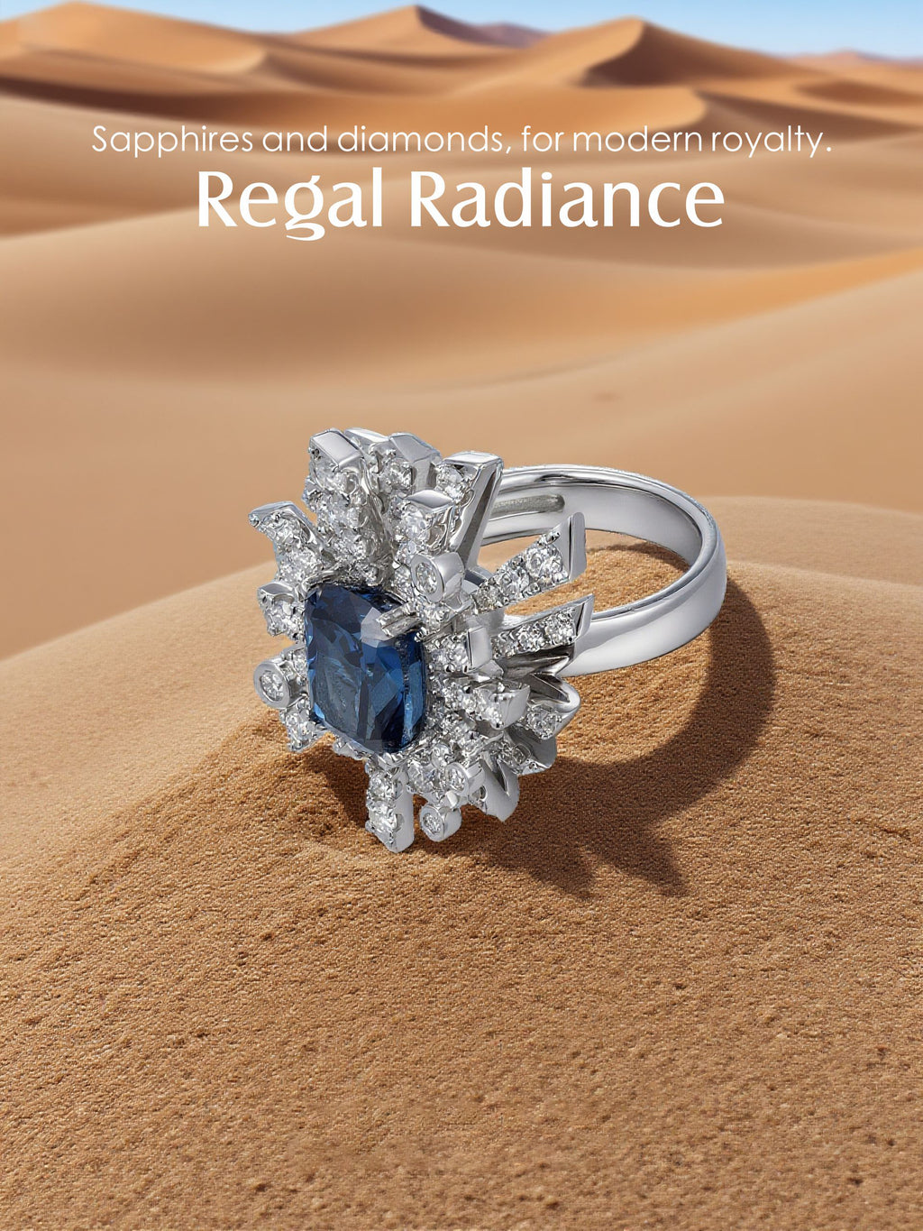 Own Your Bloom Blue Sapphire Ring elegantly photographed against natural texture, emphasizing brilliance and refined design, Boston.