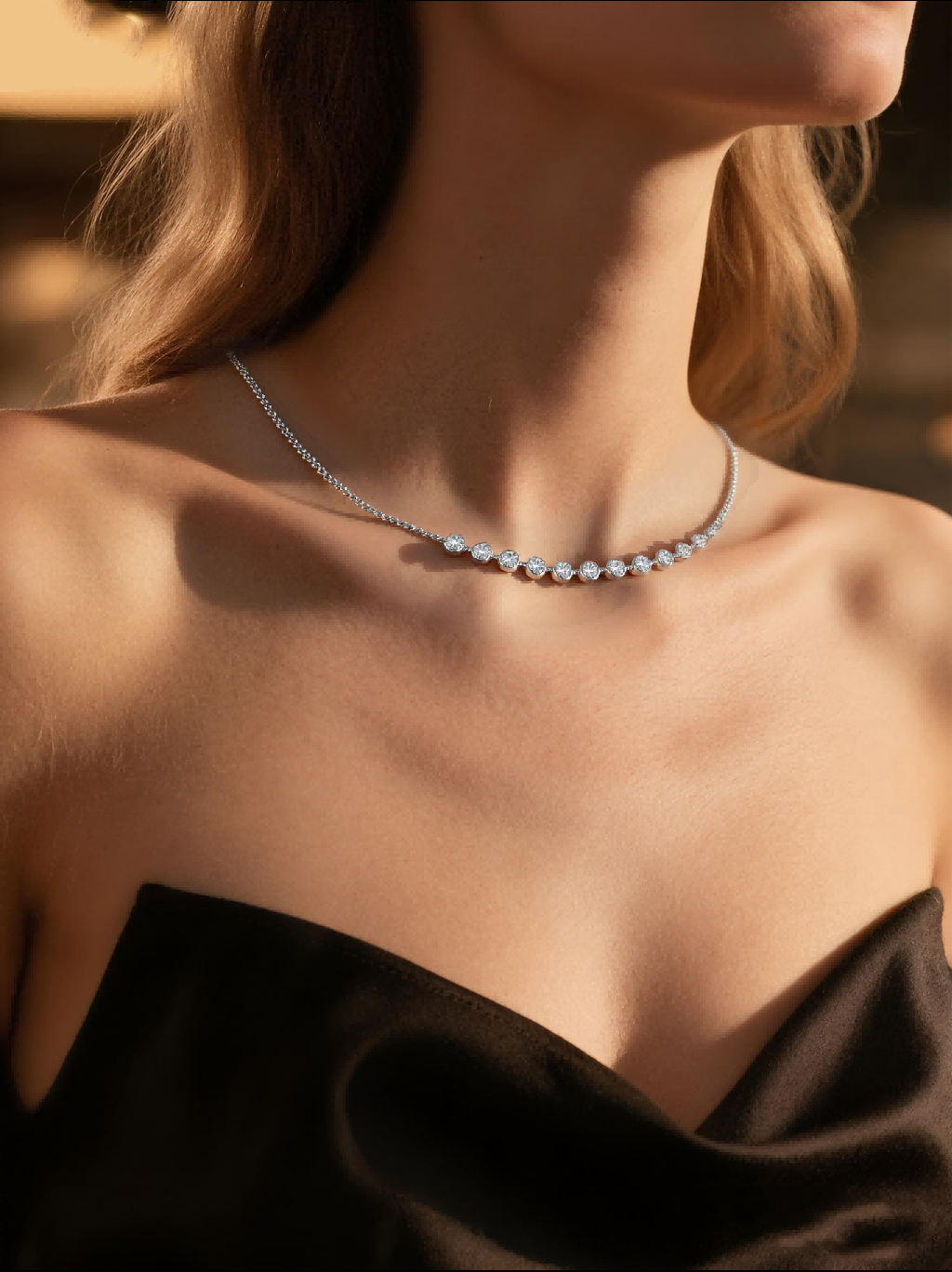 Own Your Bloom silver bezel moissanite necklace worn by woman in elegant evening setting, sophisticated fine jewelry, New York.