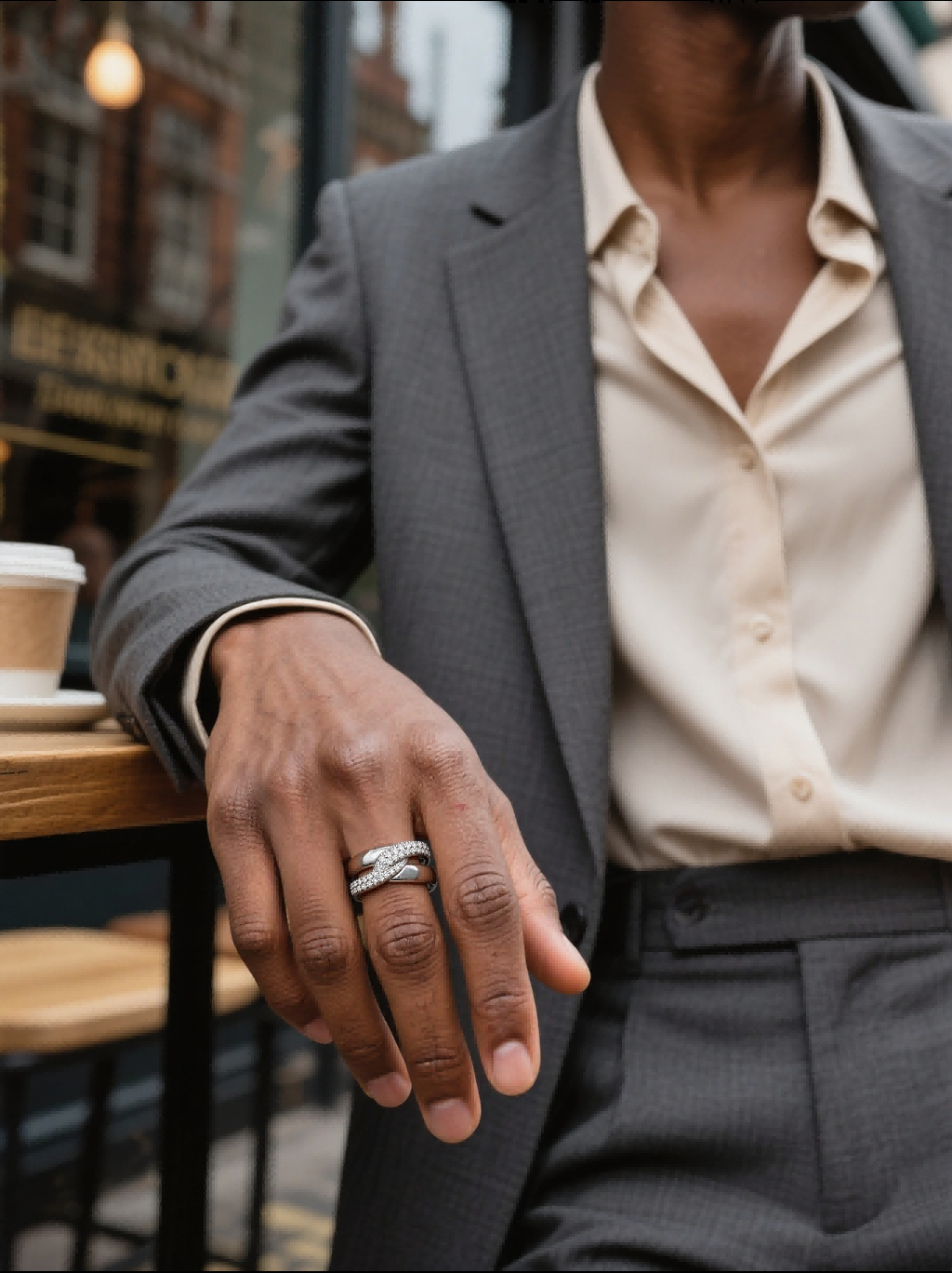 Own Your Bloom sterling silver crossover ring worn by man in gray suit with Big Ben in background, modern elegance, New York.