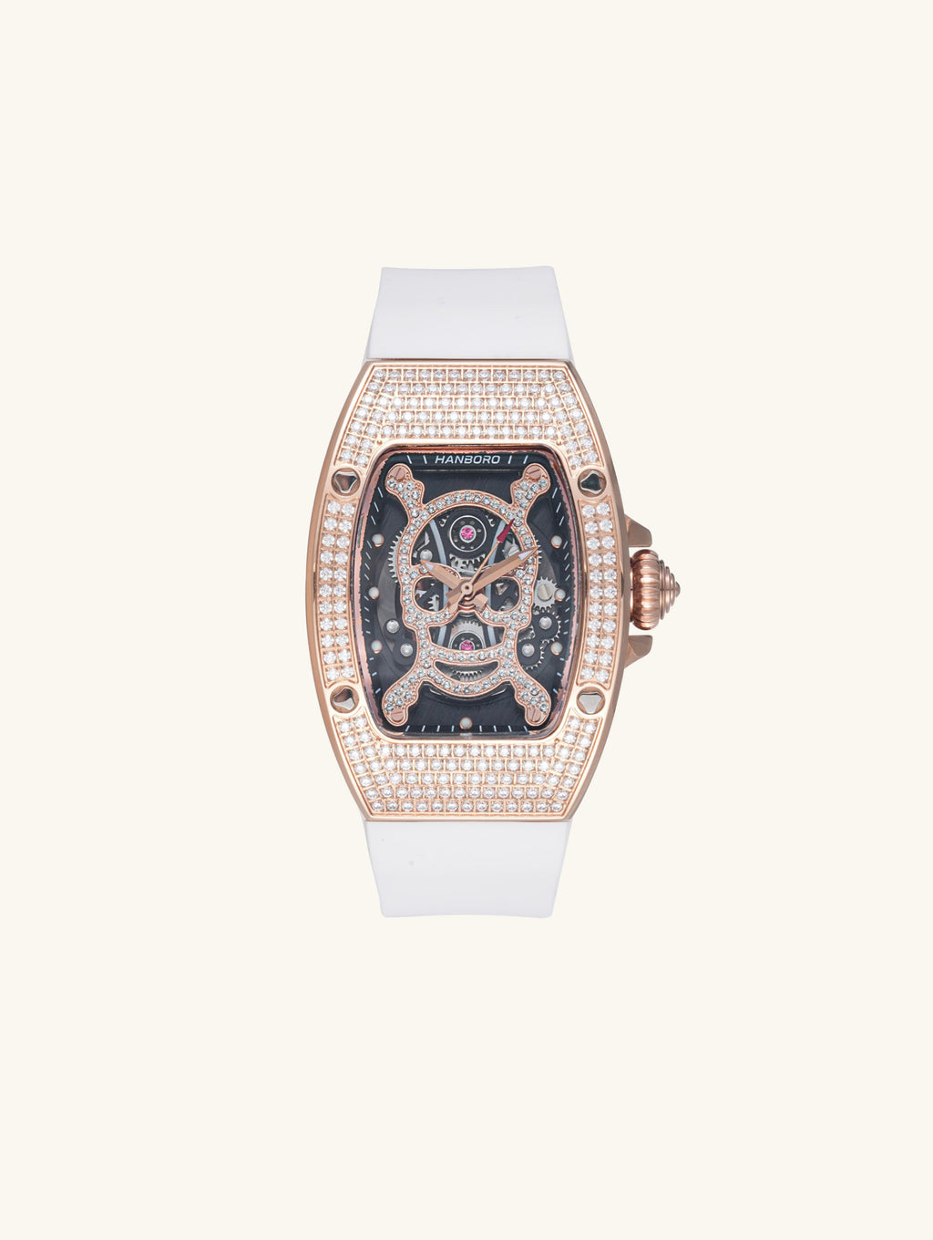 Own Your Bloom skull diamond quartz women’s watch front view, rose gold case with white strap and crystal details, New York.