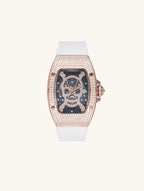 Own Your Bloom skull diamond quartz women’s watch front view, rose gold case with white strap and crystal details, New York.