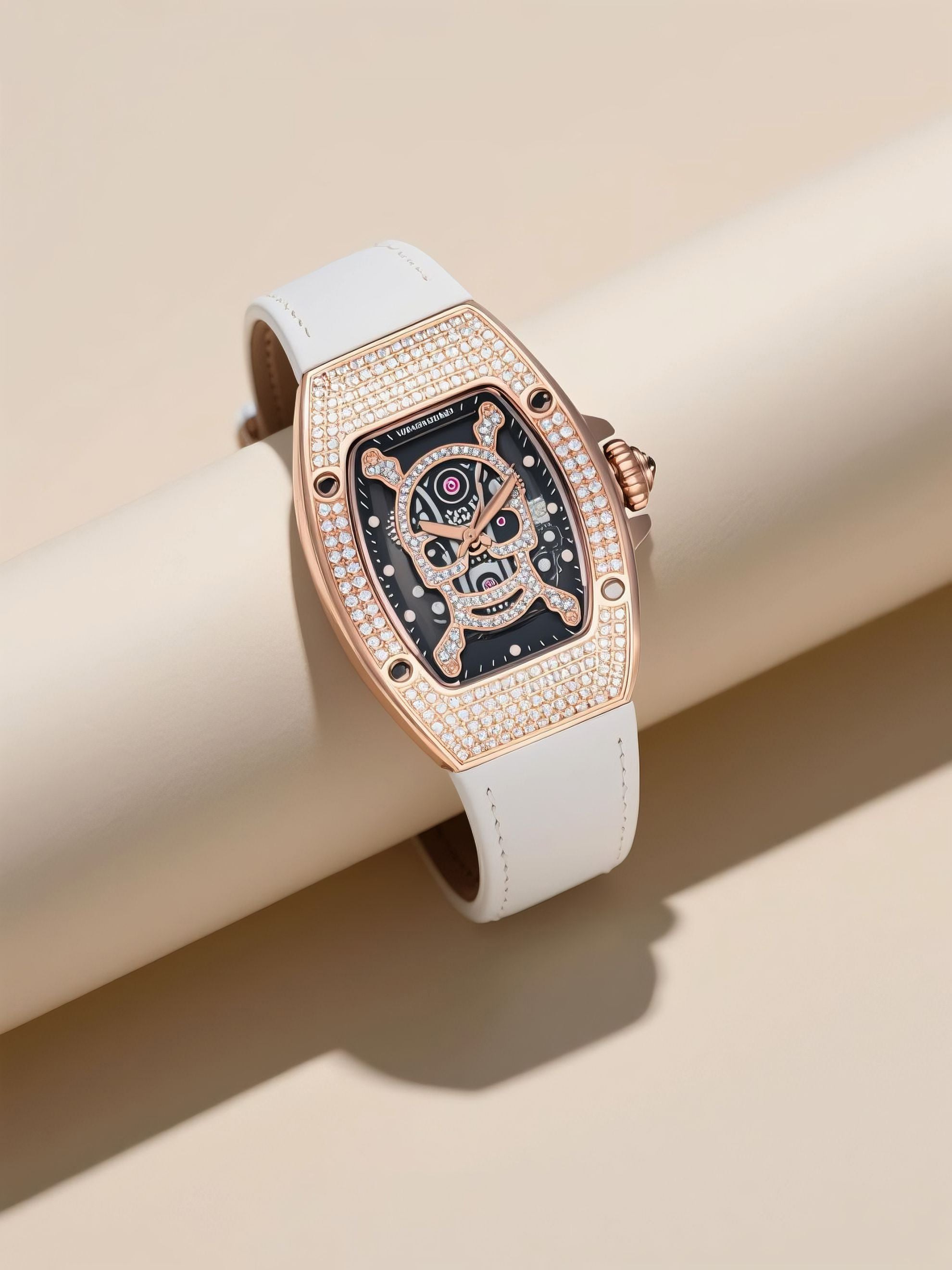 Own Your Bloom skull diamond quartz rose gold women’s watch captured in soft reflective lighting, fine jewelry image, Seattle.