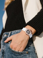 Own Your Bloom skull diamond quartz rose gold women’s watch on woman’s wrist, elegant urban chic style, Philadelphia.