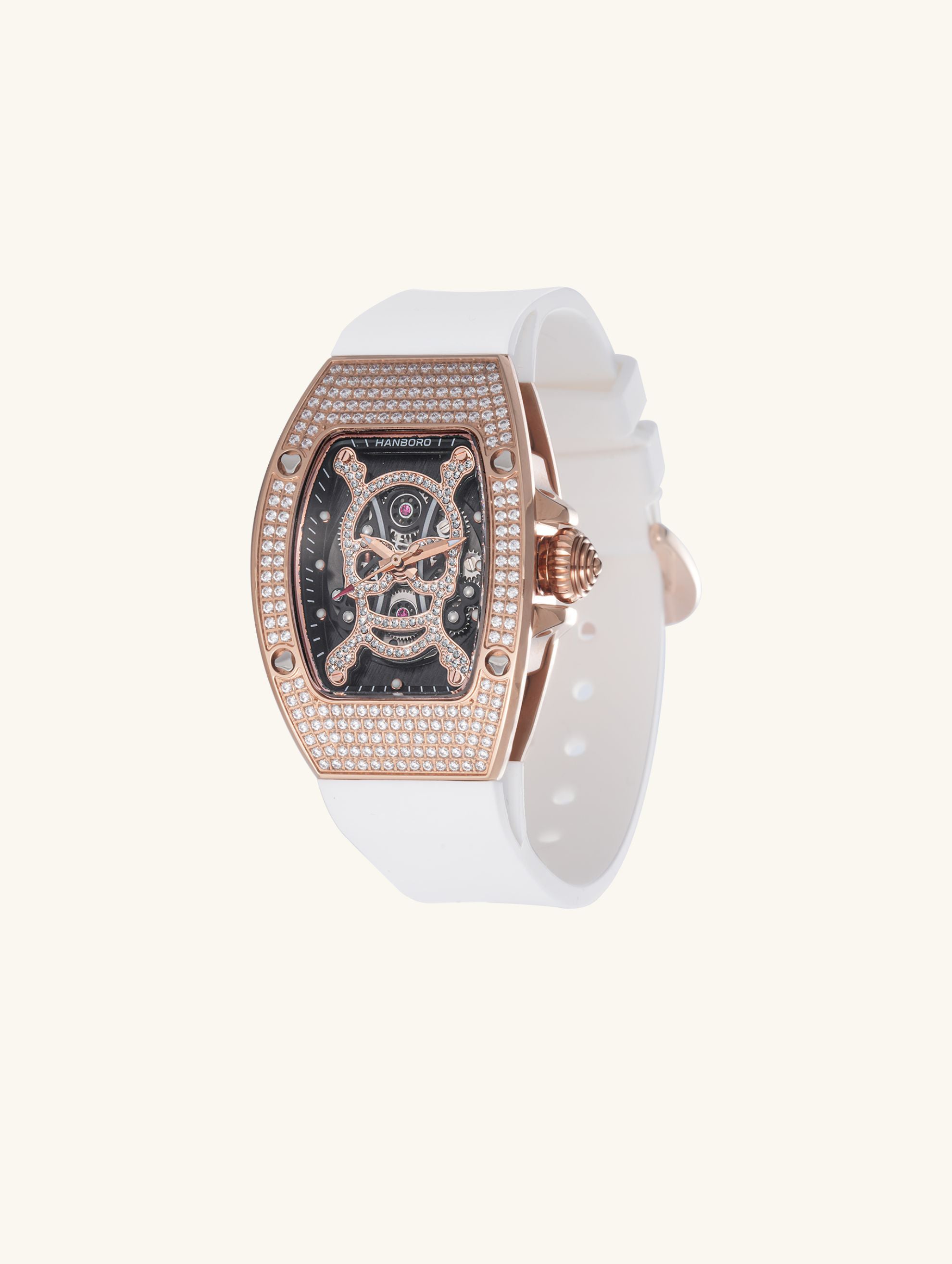 Own Your Bloom rose gold skull design diamond quartz women’s watch side angle showing detailed craftsmanship, Chicago.