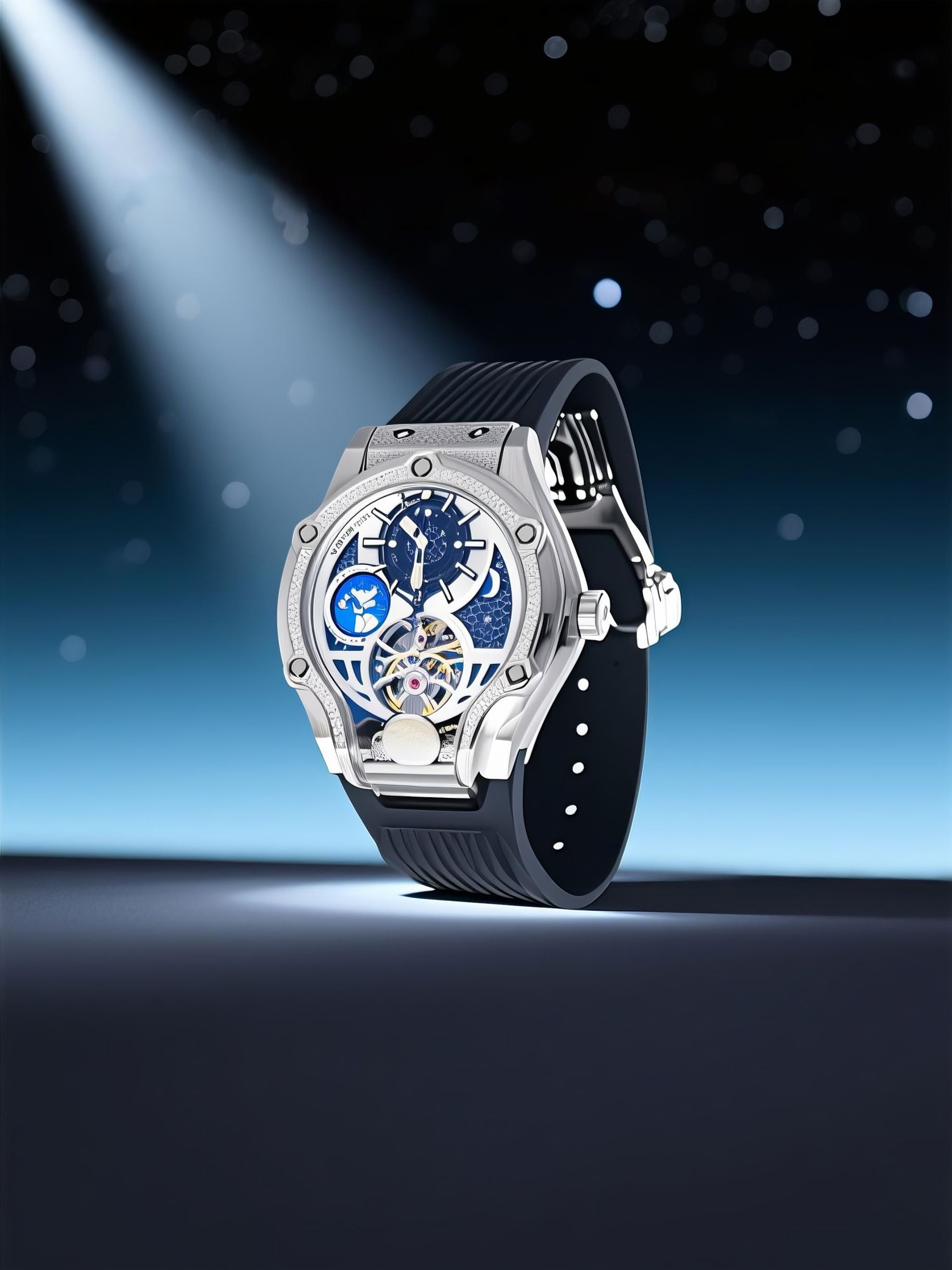 Own Your Bloom Starry Machine silver watch against space backdrop, lifestyle hero scene, Los Angeles.